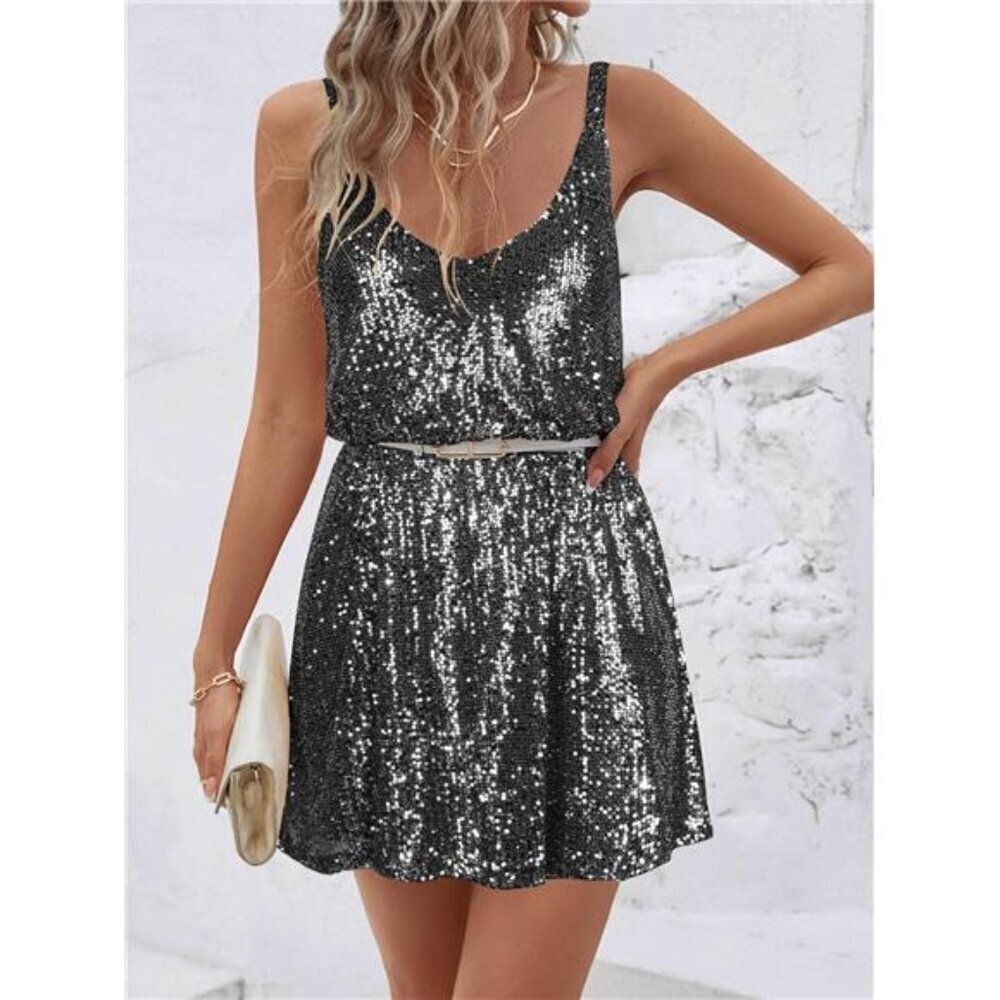 Black & Silver Sequin V Neck Dress Sleeveless Shor Flowy Party Night Dress